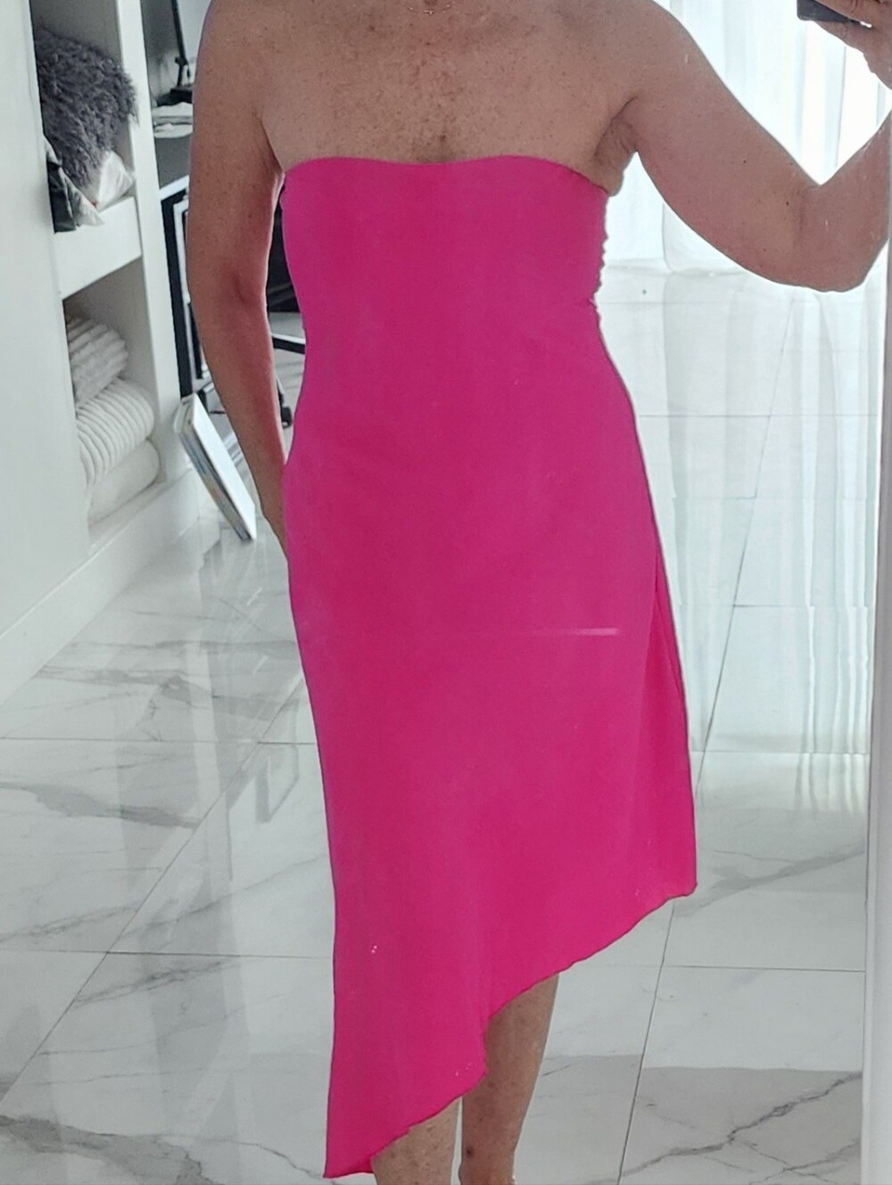 See You Monday Strapless Asymmetric Dress in Hot Pink
